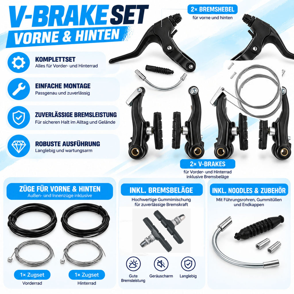 Fahrrad V-Brake Alu Bremsenset Felgenbremse HR VR Komplett Satz Bremshebel Züge