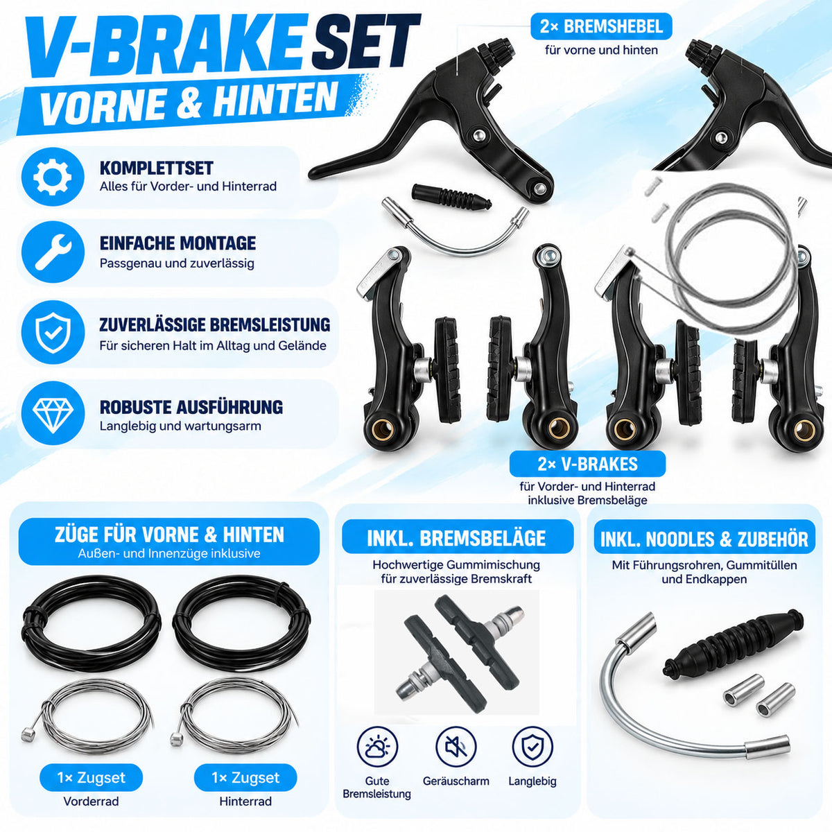 Fahrrad V-Brake Alu Bremsenset Felgenbremse HR VR Komplett Satz Bremshebel Züge